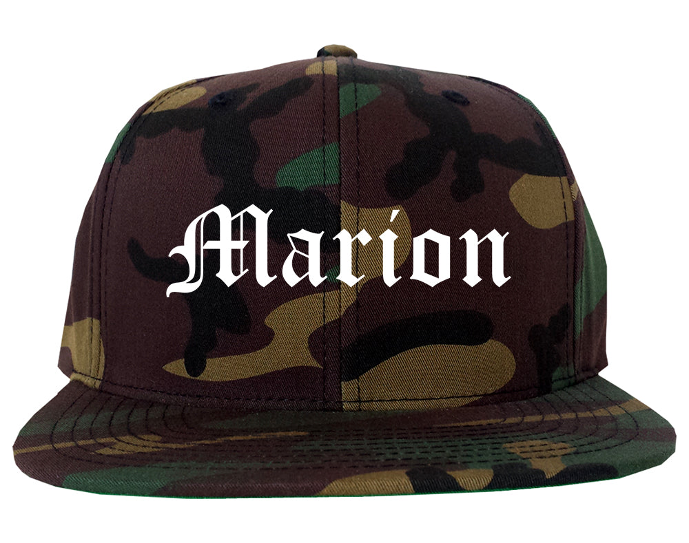 Marion Indiana IN Old English Mens Snapback Hat Army Camo