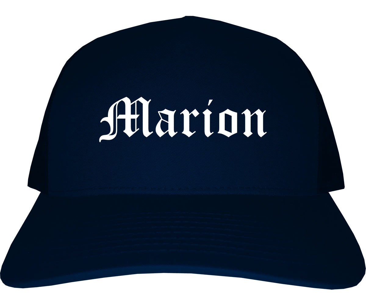Marion Iowa IA Old English Mens Trucker Hat Cap Navy Blue