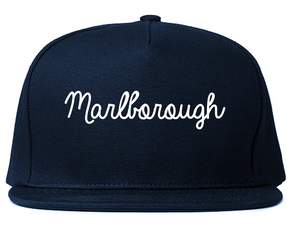 Marlborough Massachusetts MA Script Mens Snapback Hat Navy Blue