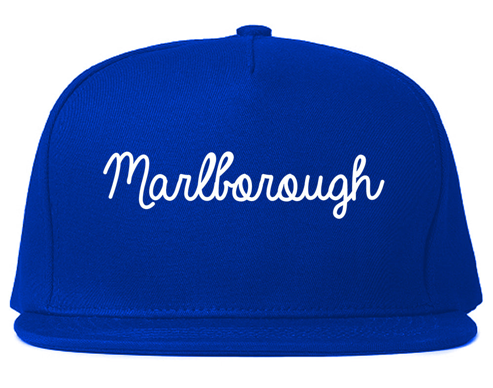 Marlborough Massachusetts MA Script Mens Snapback Hat Royal Blue