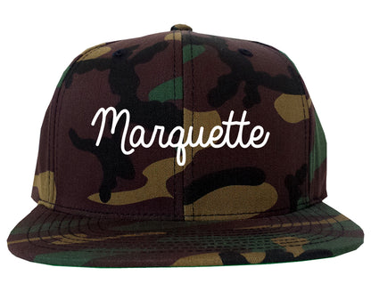 Marquette Michigan MI Script Mens Snapback Hat Army Camo