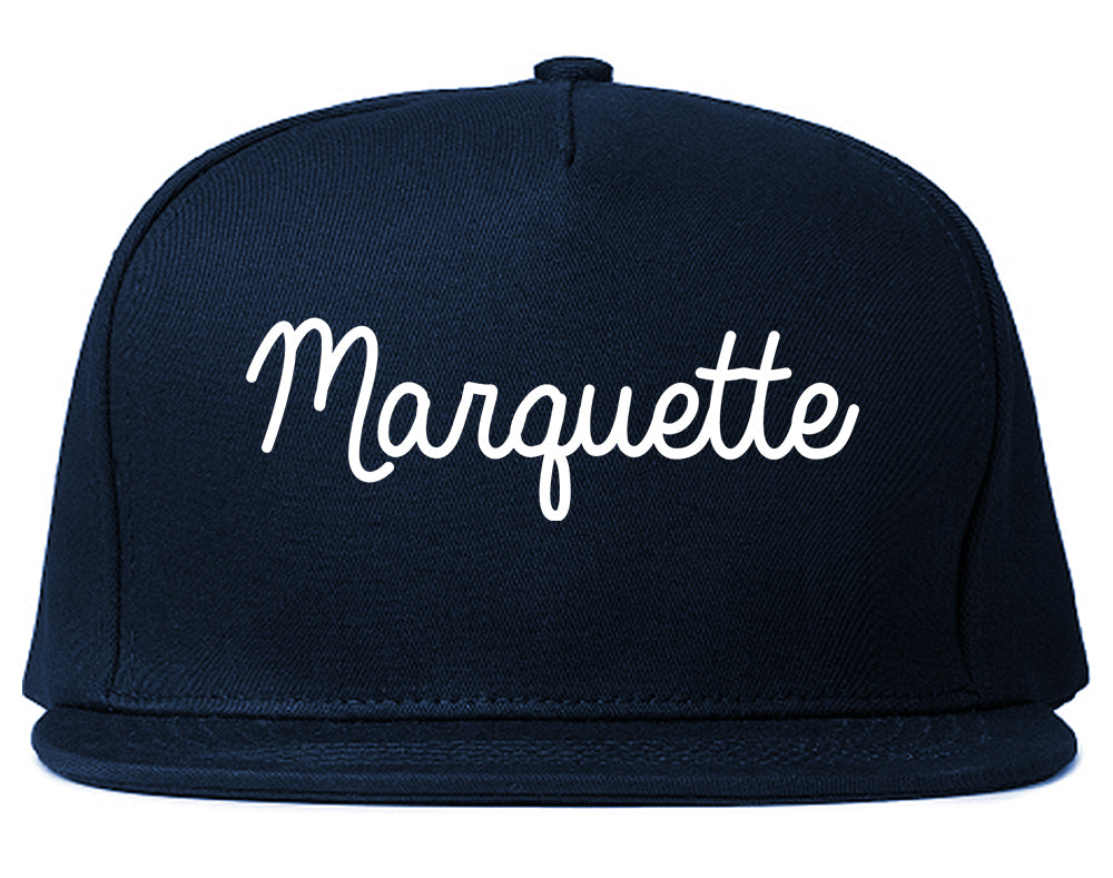Marquette Michigan MI Script Mens Snapback Hat Navy Blue