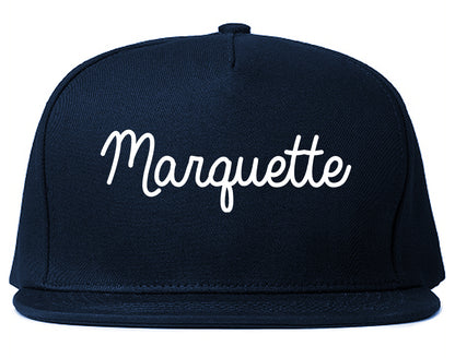 Marquette Michigan MI Script Mens Snapback Hat Navy Blue