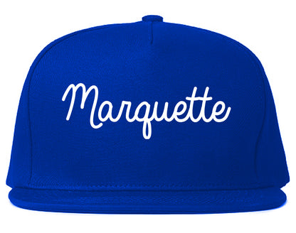 Marquette Michigan MI Script Mens Snapback Hat Royal Blue