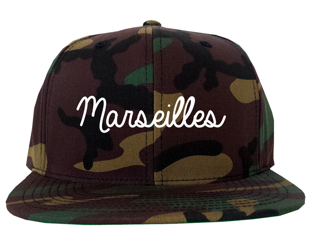 Marseilles Illinois IL Script Mens Snapback Hat Army Camo
