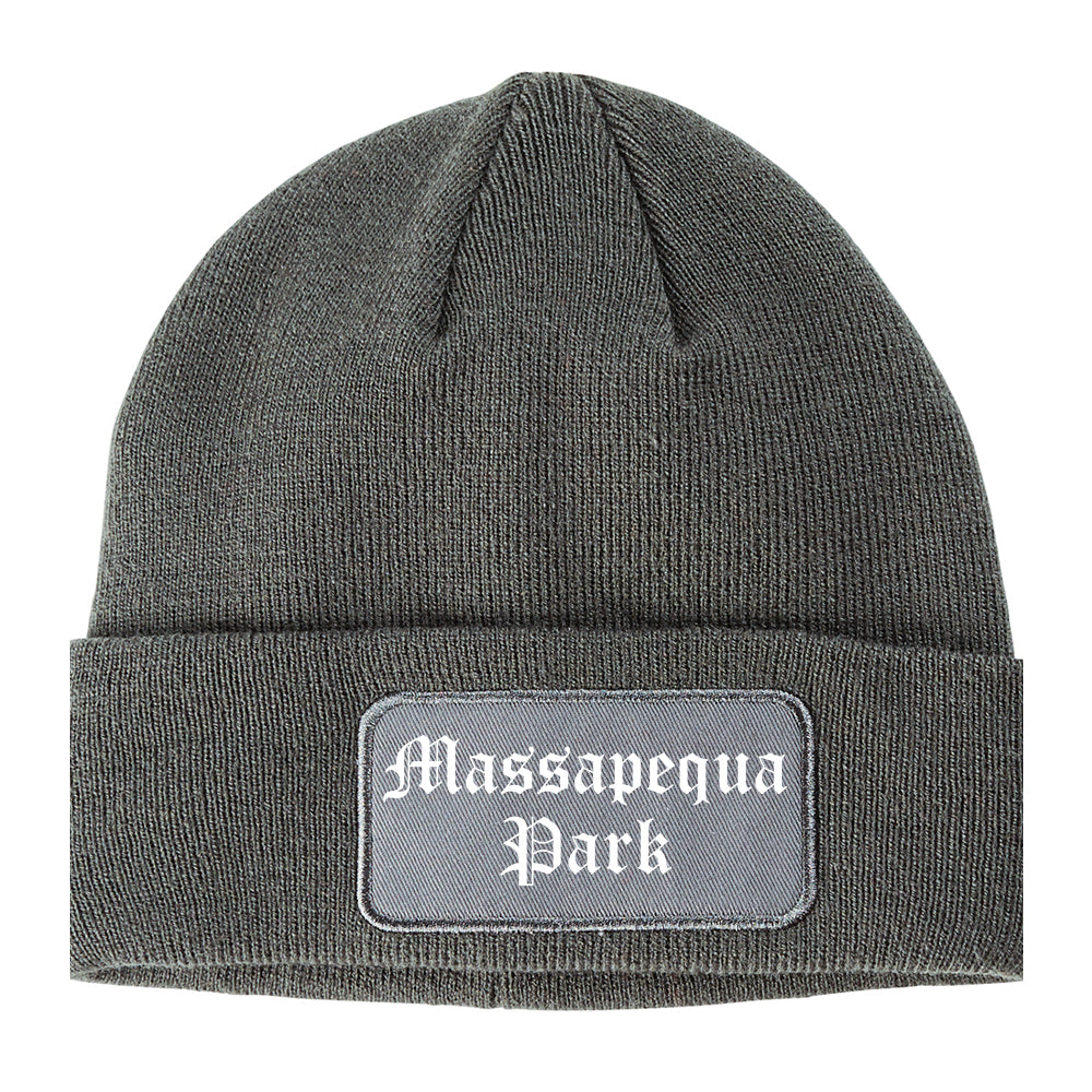 Massapequa Park New York NY Old English Mens Knit Beanie Hat Cap Grey