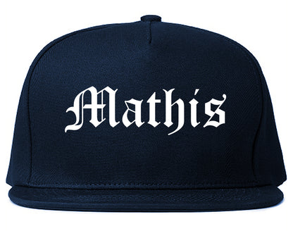 Mathis Texas TX Old English Mens Snapback Hat Navy Blue