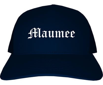 Maumee Ohio OH Old English Mens Trucker Hat Cap Navy Blue