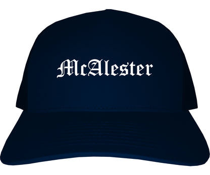 McAlester Oklahoma OK Old English Mens Trucker Hat Cap Navy Blue
