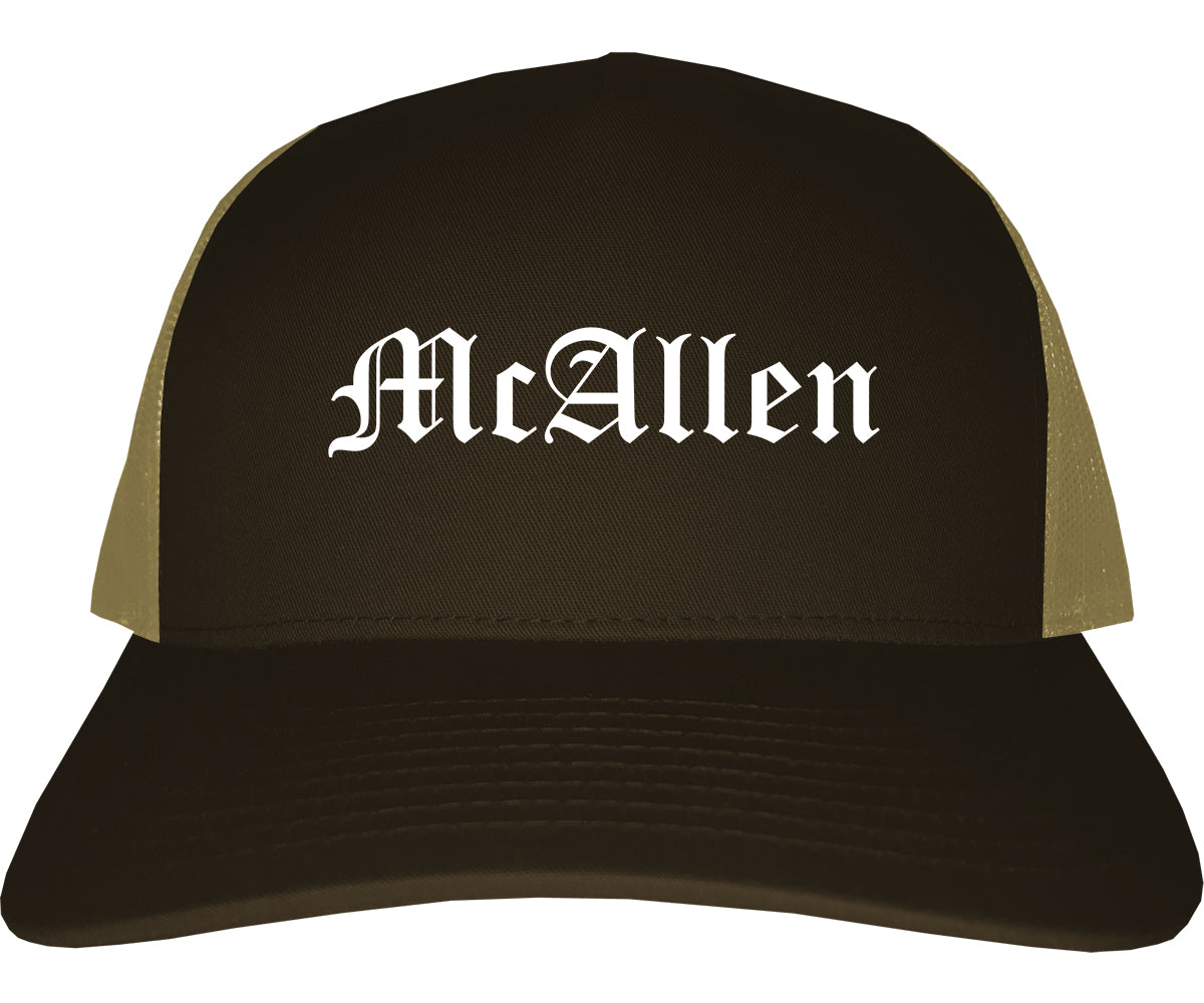 McAllen Texas TX Old English Mens Trucker Hat Cap Brown