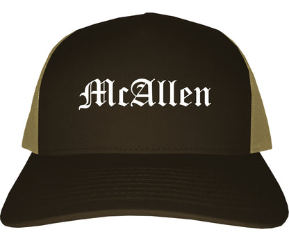 McAllen Texas TX Old English Mens Trucker Hat Cap Brown