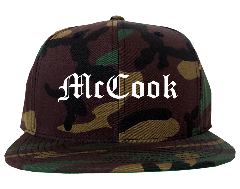 McCook Nebraska NE Old English Mens Snapback Hat Army Camo