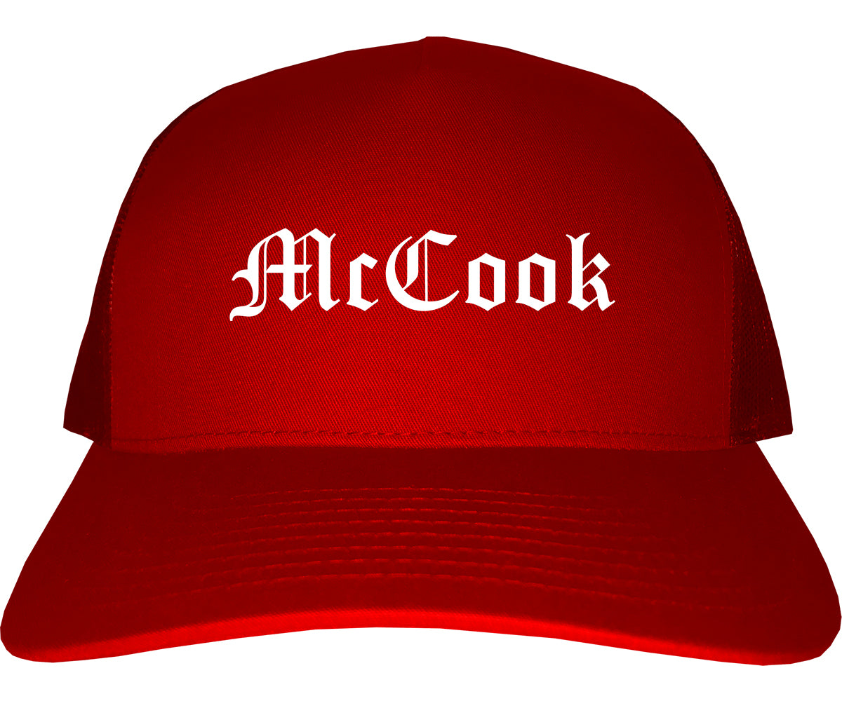 McCook Nebraska NE Old English Mens Trucker Hat Cap Red