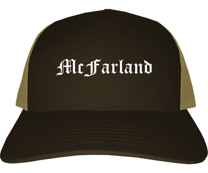 McFarland California CA Old English Mens Trucker Hat Cap Brown