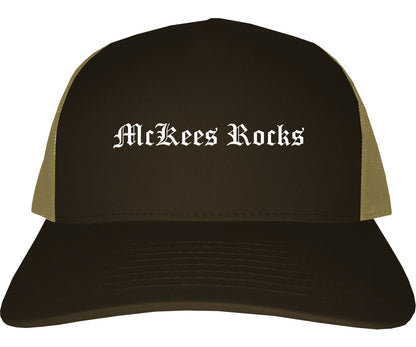 McKees Rocks Pennsylvania PA Old English Mens Trucker Hat Cap Brown