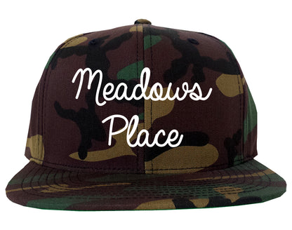 Meadows Place Texas TX Script Mens Snapback Hat Army Camo