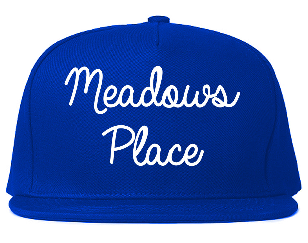 Meadows Place Texas TX Script Mens Snapback Hat Royal Blue