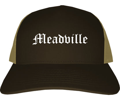 Meadville Pennsylvania PA Old English Mens Trucker Hat Cap Brown