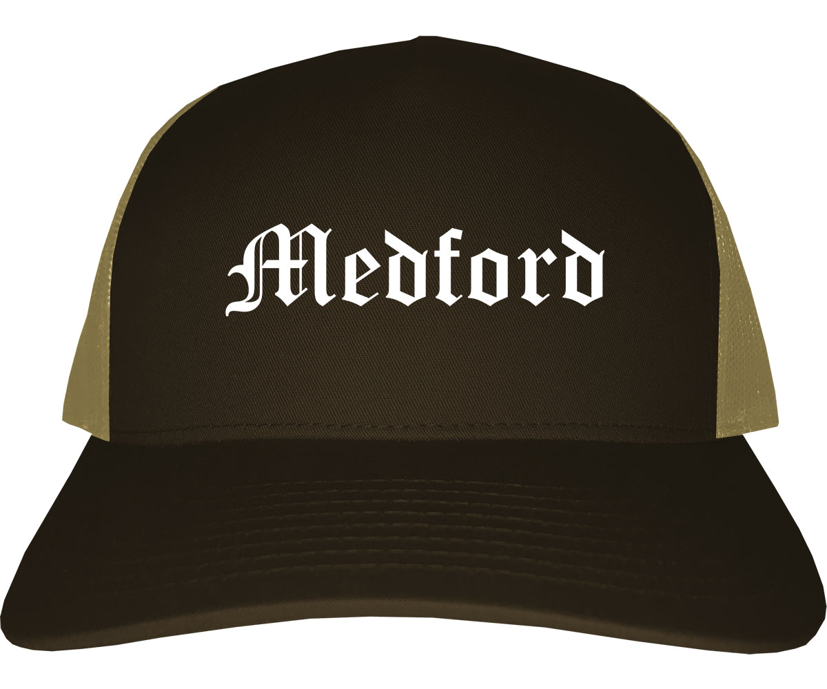 Medford Massachusetts MA Old English Mens Trucker Hat Cap Brown