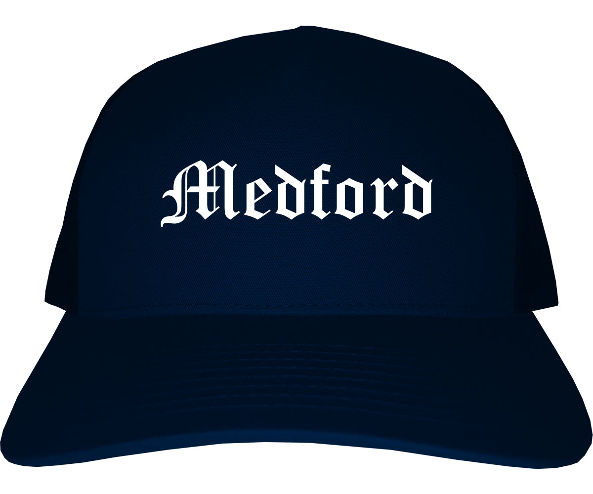 Medford Massachusetts MA Old English Mens Trucker Hat Cap Navy Blue