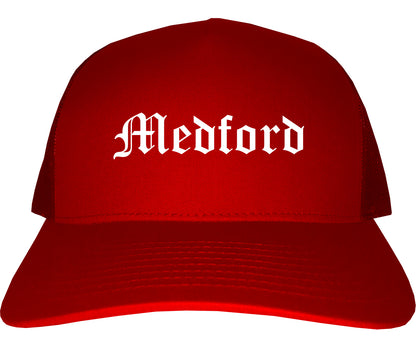 Medford Massachusetts MA Old English Mens Trucker Hat Cap Red
