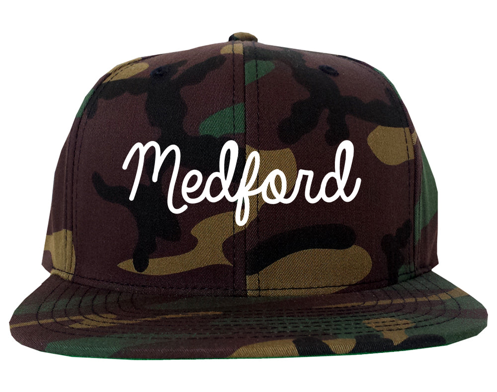 Medford Massachusetts MA Script Mens Snapback Hat Army Camo
