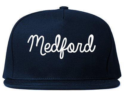 Medford Massachusetts MA Script Mens Snapback Hat Navy Blue