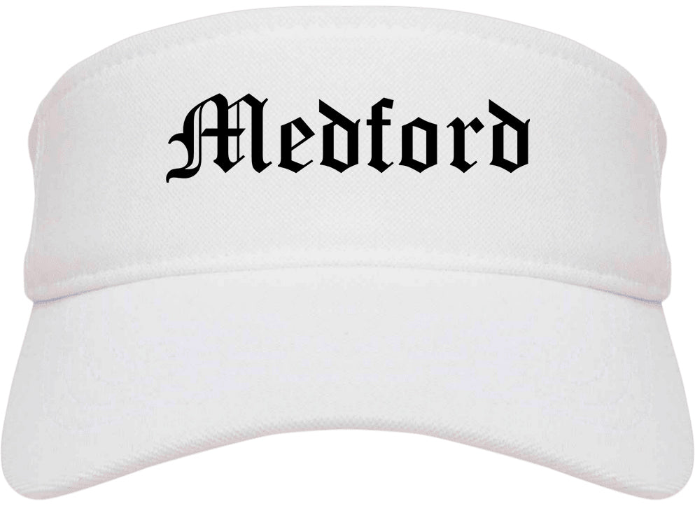 Medford Massachusetts MA Old English Mens Visor Cap Hat White