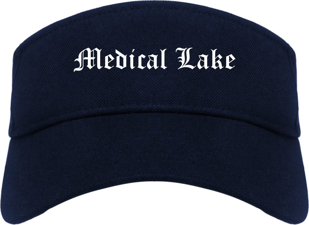 Medical Lake Washington WA Old English Mens Visor Cap Hat Navy Blue