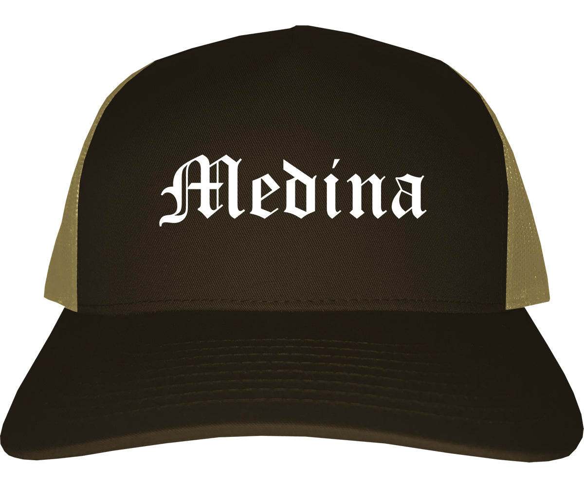 Medina Minnesota MN Old English Mens Trucker Hat Cap Brown