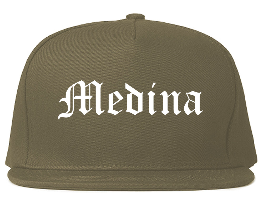 Medina New York NY Old English Mens Snapback Hat Grey