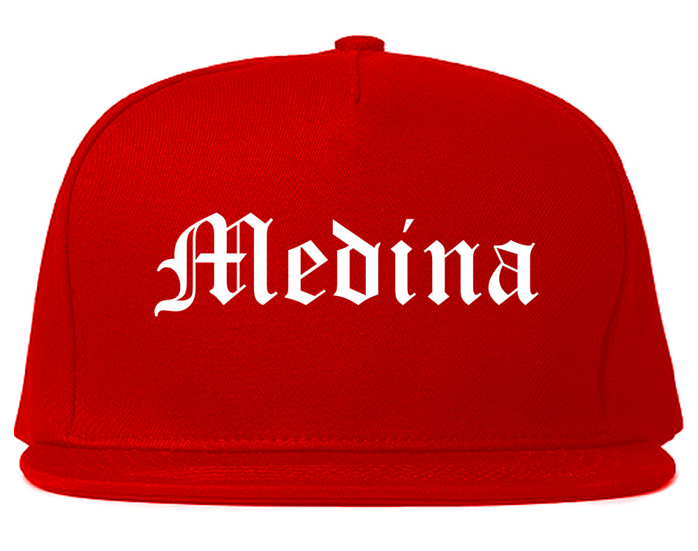 Medina New York NY Old English Mens Snapback Hat Red