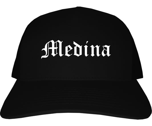 Medina New York NY Old English Mens Trucker Hat Cap Black