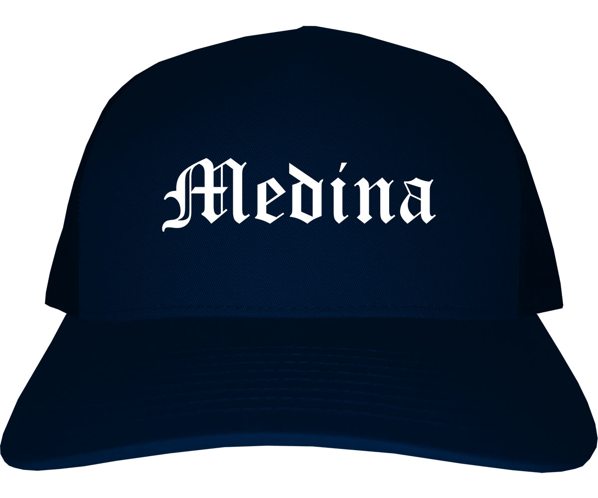 Medina New York NY Old English Mens Trucker Hat Cap Navy Blue