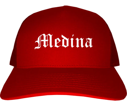 Medina New York NY Old English Mens Trucker Hat Cap Red