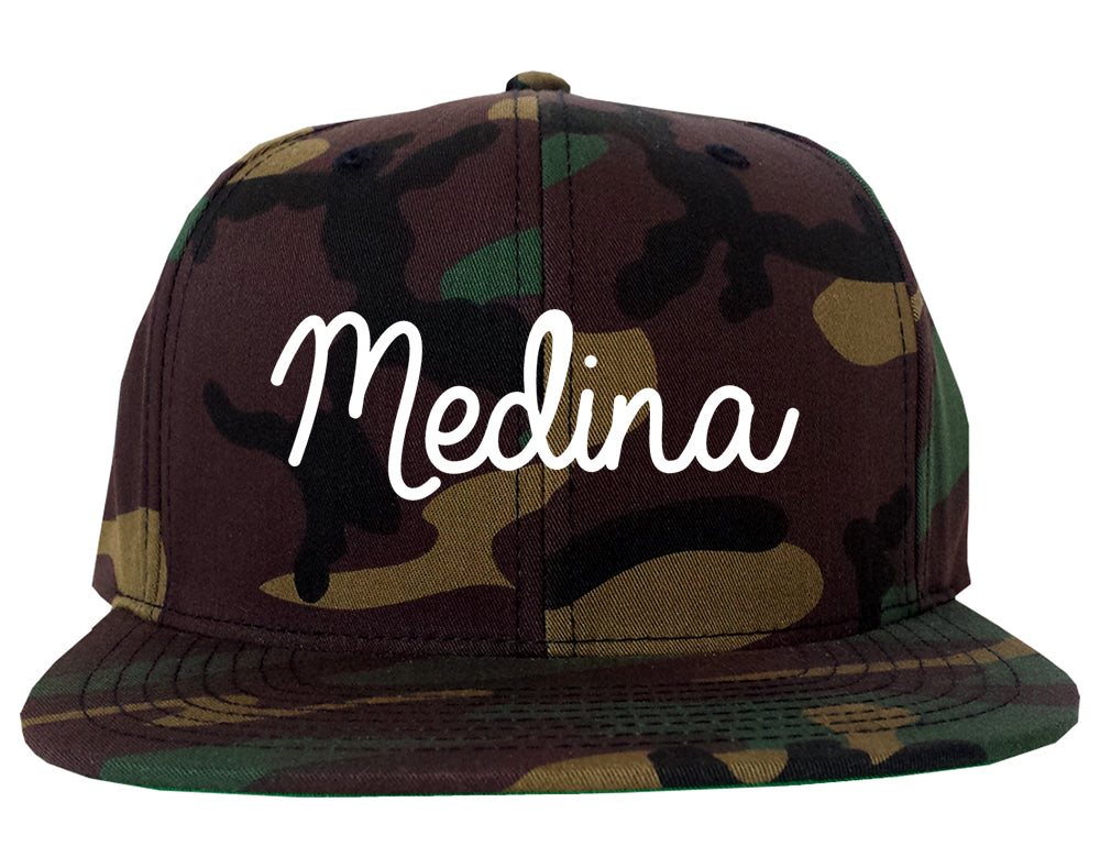 Medina New York NY Script Mens Snapback Hat Army Camo