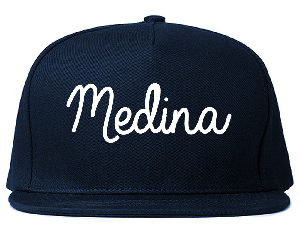 Medina New York NY Script Mens Snapback Hat Navy Blue