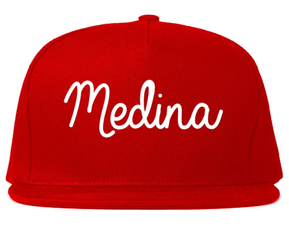 Medina New York NY Script Mens Snapback Hat Red