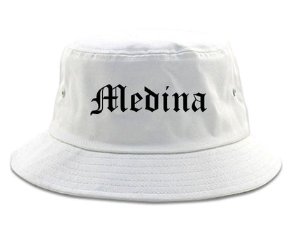 Medina New York NY Old English Mens Bucket Hat White