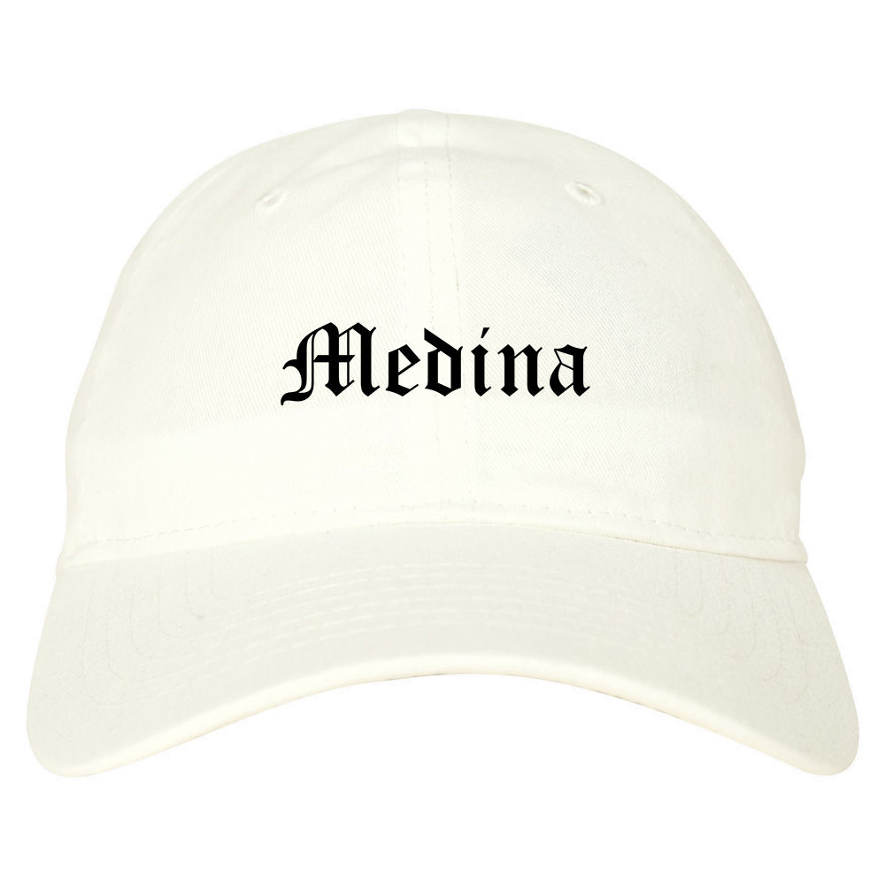 Medina Ohio OH Old English Mens Dad Hat Baseball Cap White