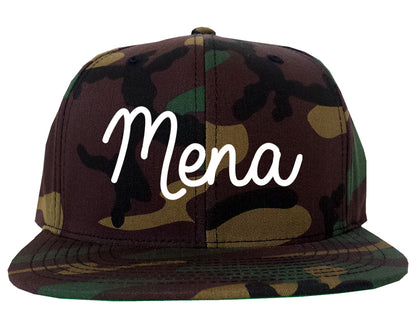 Mena Arkansas AR Script Mens Snapback Hat Army Camo