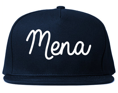 Mena Arkansas AR Script Mens Snapback Hat Navy Blue