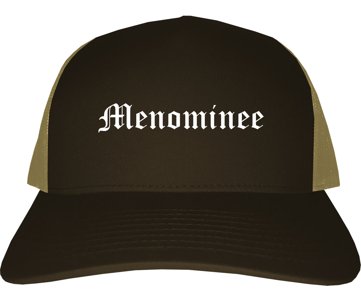 Menominee Michigan MI Old English Mens Trucker Hat Cap Brown