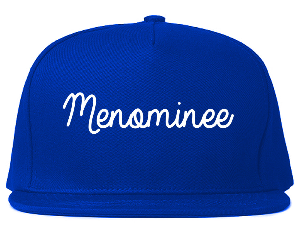 Menominee Michigan MI Script Mens Snapback Hat Royal Blue