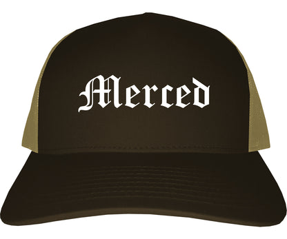 Merced California CA Old English Mens Trucker Hat Cap Brown