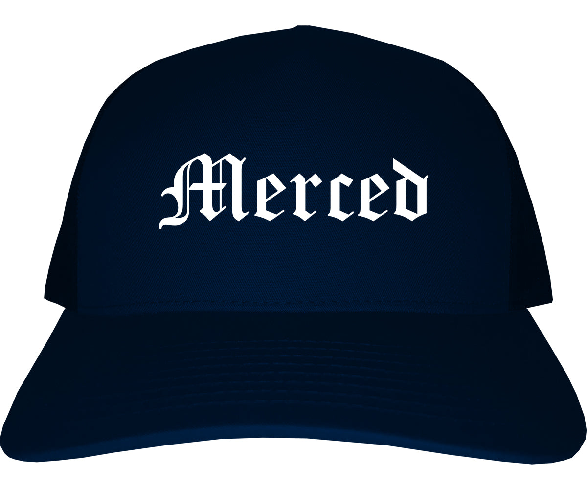 Merced California CA Old English Mens Trucker Hat Cap Navy Blue
