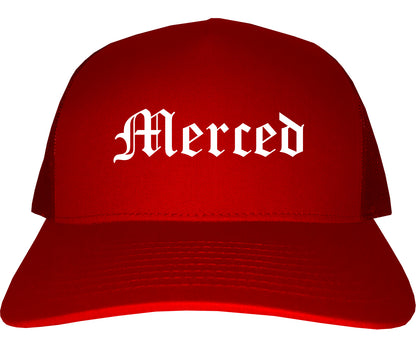 Merced California CA Old English Mens Trucker Hat Cap Red