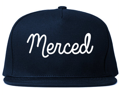 Merced California CA Script Mens Snapback Hat Navy Blue