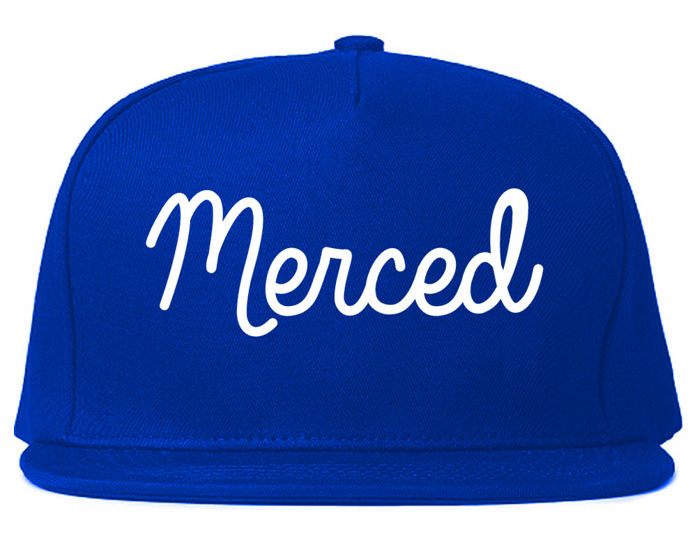 Merced California CA Script Mens Snapback Hat Royal Blue