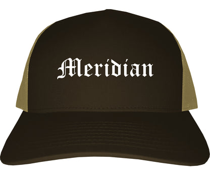 Meridian Idaho ID Old English Mens Trucker Hat Cap Brown